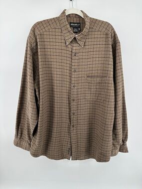 Eddie Bauer VTG Y2K Earthcore Grunge Outdoorsy Tan Brown Windowpane Shirt SzXL